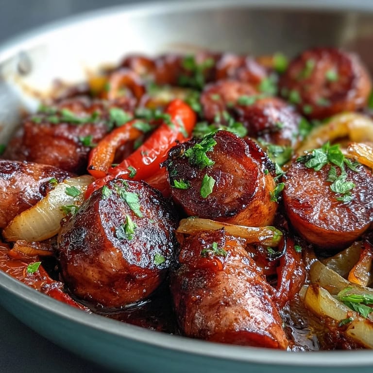 Colorful sheet pan sausage and peppers dinner, featuring smoky sausages and tender roasted vegetables for an easy, satisfying meal.