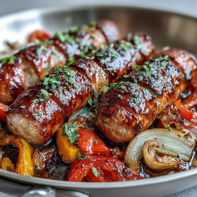 Hearty sheet pan sausage and peppers, with golden-brown sausages nestled among vibrant peppers and onions, ready for a quick dinner.