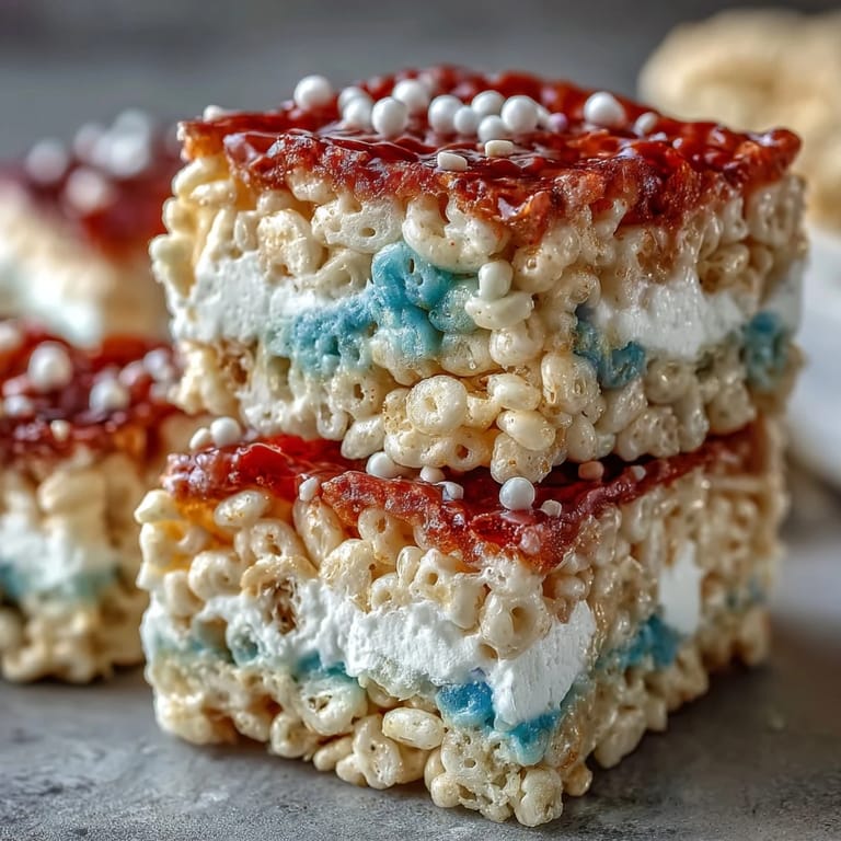 Chewy, colorful Rice Krispies bars in patriotic red, white, and blue, ideal for Independence Day gatherings.