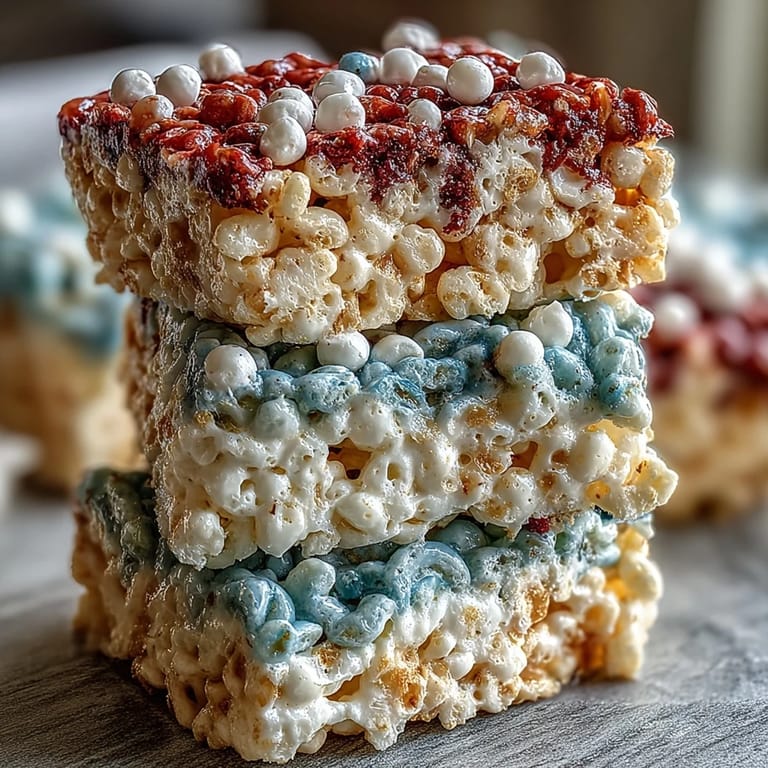 Sweet, gooey Rice Krispies treats with festive red, white, and blue layers, great for summer holidays.