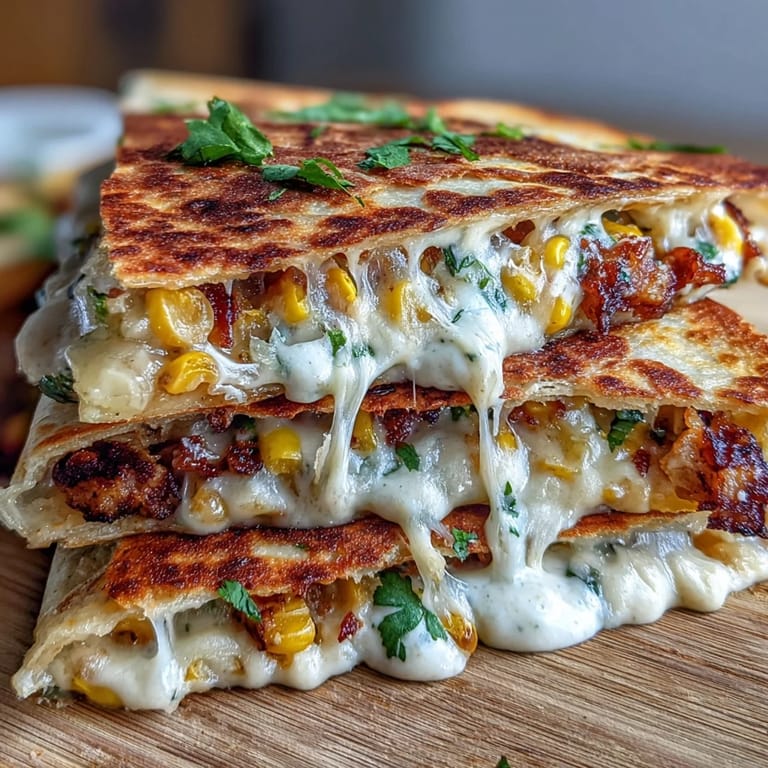 Golden quesadillas filled with charred corn, jalapeño, and Monterey Jack, drizzled with tangy chipotle crema for a festive bite.  