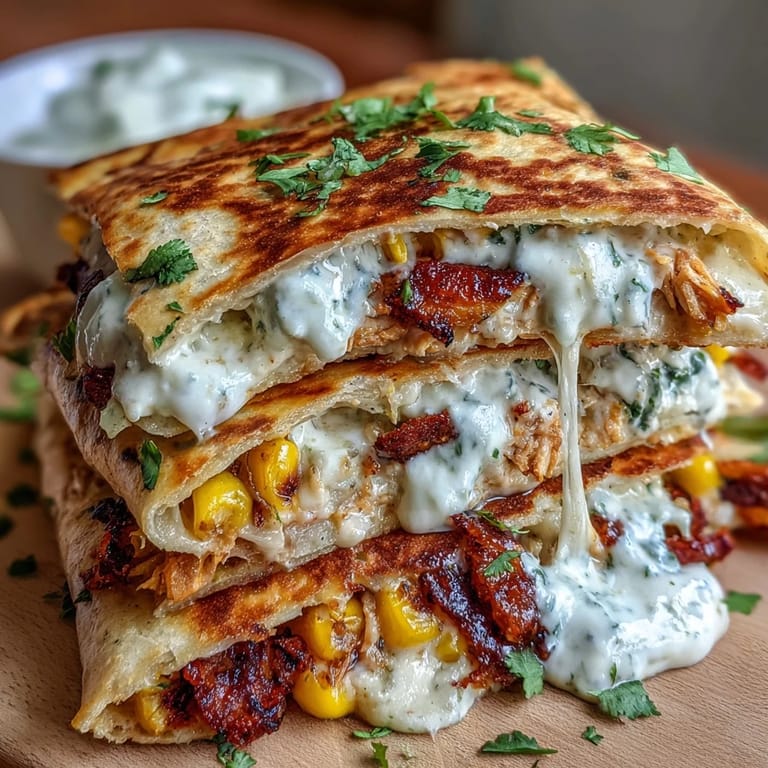 Mexican-inspired quesadillas packed with spiced street corn, gooey cheese, and fresh cilantro, paired with zesty chipotle crema for dipping.