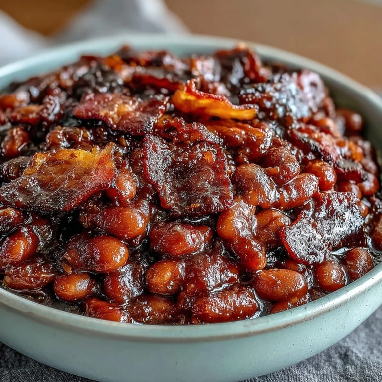 Savory baked beans loaded with brown sugar, diced onion, and green pepper, baked until thick and caramelized for a comforting crowd-pleaser.