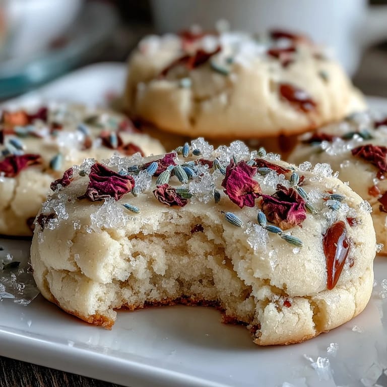 Elegant floral shortbread cookies, lightly brushed with egg white and sprinkled with sugar, perfect for a Mothers Day dessert table.