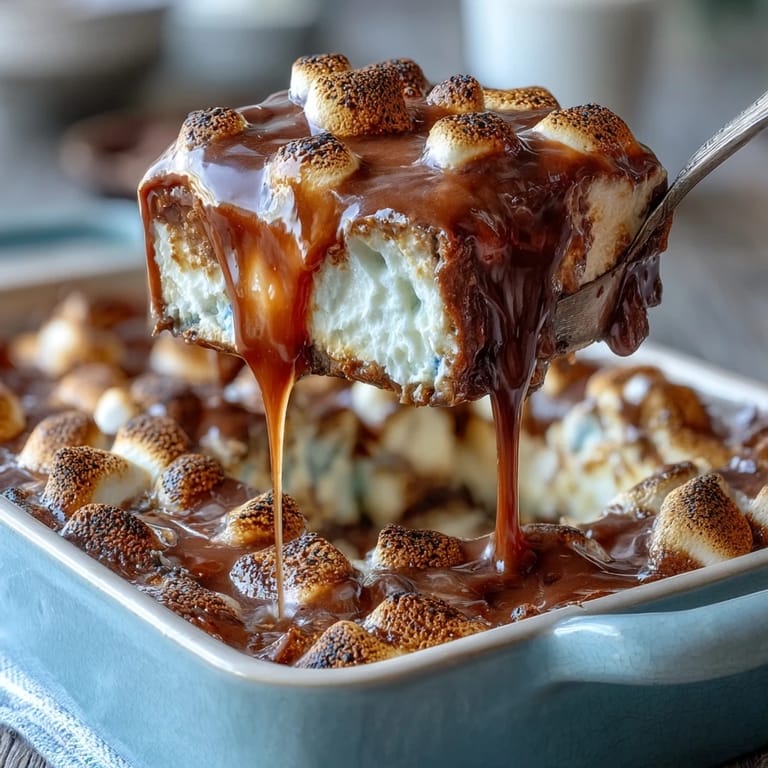 Festive smores dip baked in a cast iron skillet, topped with red, white, and blue candies for 4th of July.
