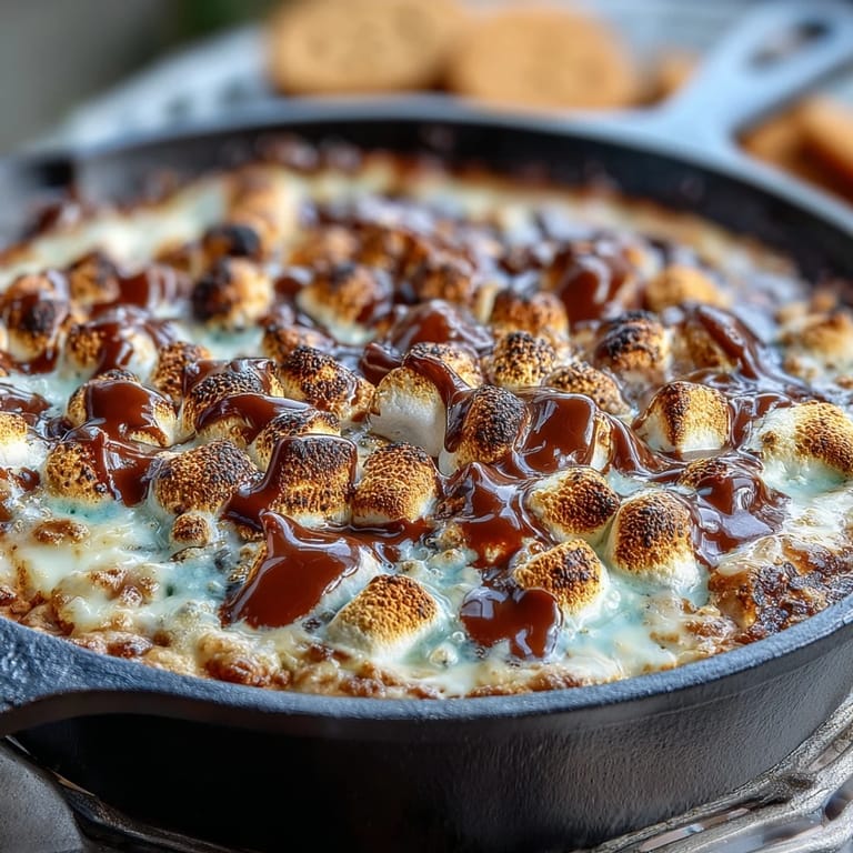 Warm smores dip with melted chocolate and perfectly toasted marshmallows, served with graham crackers and fresh berries.