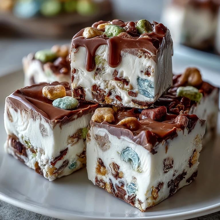 Lucky Charms bark centerpiece on a St. Patrick's Day treats board with rainbow candies, green apples, and chocolate-dipped strawberries.