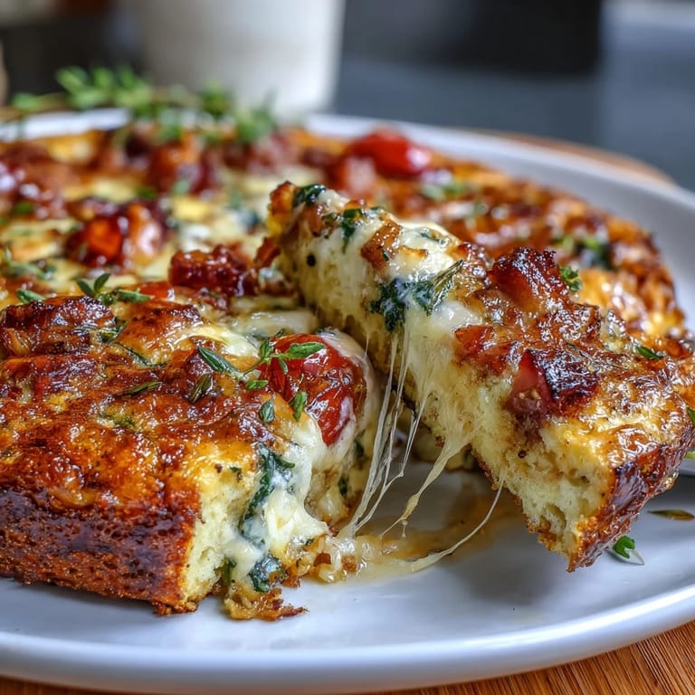 Savory ham and Swiss cheese frittata baked until golden, packed with fresh spinach and cherry tomatoes.  