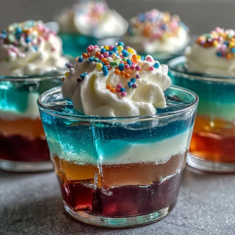 Layered rainbow Jello cups in clear glasses, featuring colorful fruity flavors from purple to red, finished with a dollop of whipped cream.