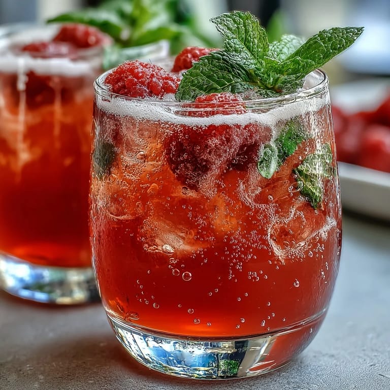Refreshing nonalcoholic Raspberry Lemon Spritz Mocktail featuring muddled raspberries, bright lemon juice, and chilled sparkling water, garnished with mint and berries.