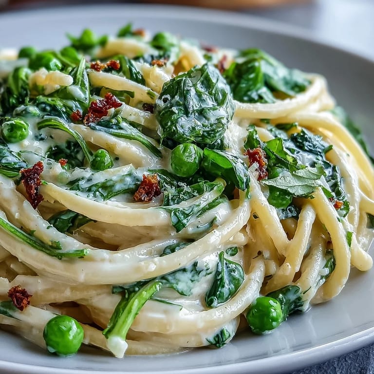 Vegetarian spring pasta with lemon cream sauce and peas, garnished with Parmesan and fresh herbs on a white plate.
