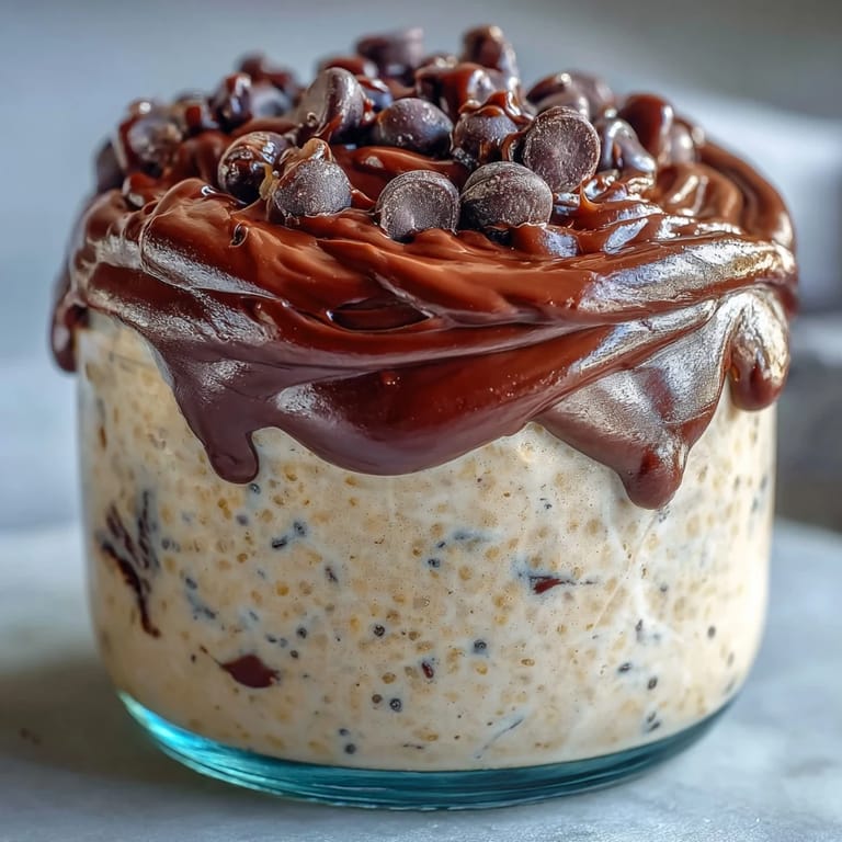A serving of Peanut Butter Cup Overnight Oats, topped with a drizzle of peanut butter, ready to eat straight from the fridge. This high-protein, make-ahead breakfast looks creamy and decadent.