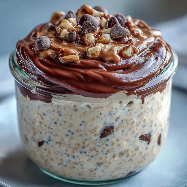 Two jars of homemade Peanut Butter Cup Overnight Oats with visible layers of oats, Greek yogurt, and chocolate ganache, perfect for a healthy, no-cook morning meal.