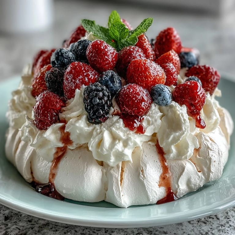 Classic pavlova dessert with fresh berries and cream, featuring a delicate crisp shell and marshmallowy center topped with luscious vanilla whipped cream.