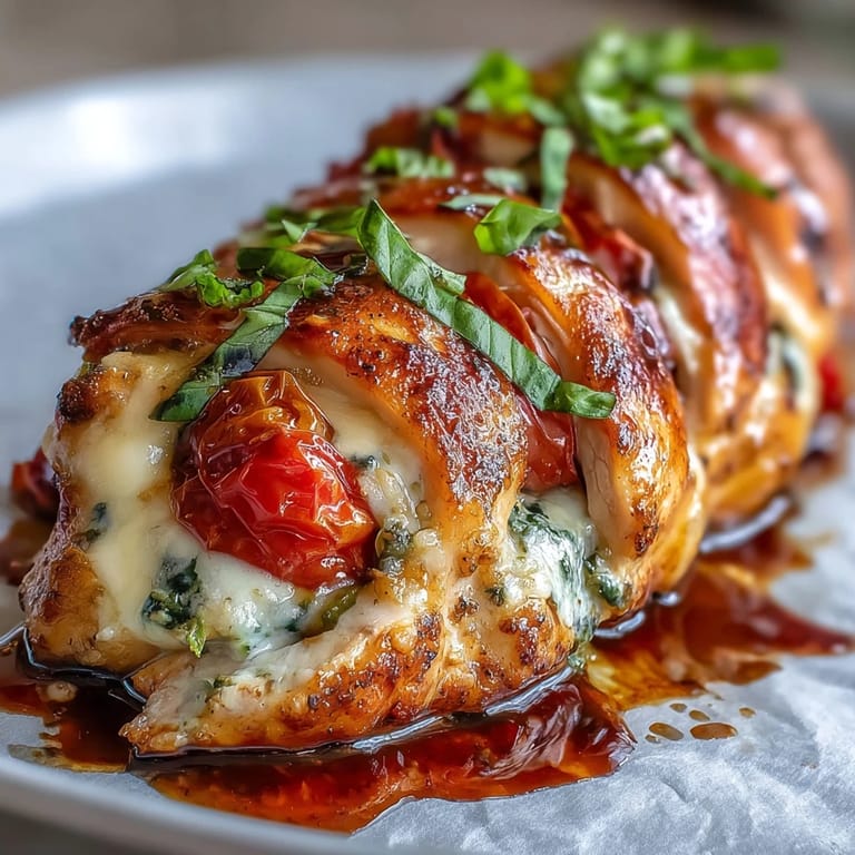 Baked Caprese Stuffed Chicken Breast featuring juicy chicken, creamy mozzarella, garden-fresh tomatoes, and aromatic basil, drizzled with balsamic glaze.