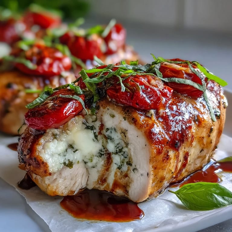 Stuffed chicken breast bursting with mozzarella, tomatoes, and basil, oven-baked until tender and served with a glossy balsamic finish.