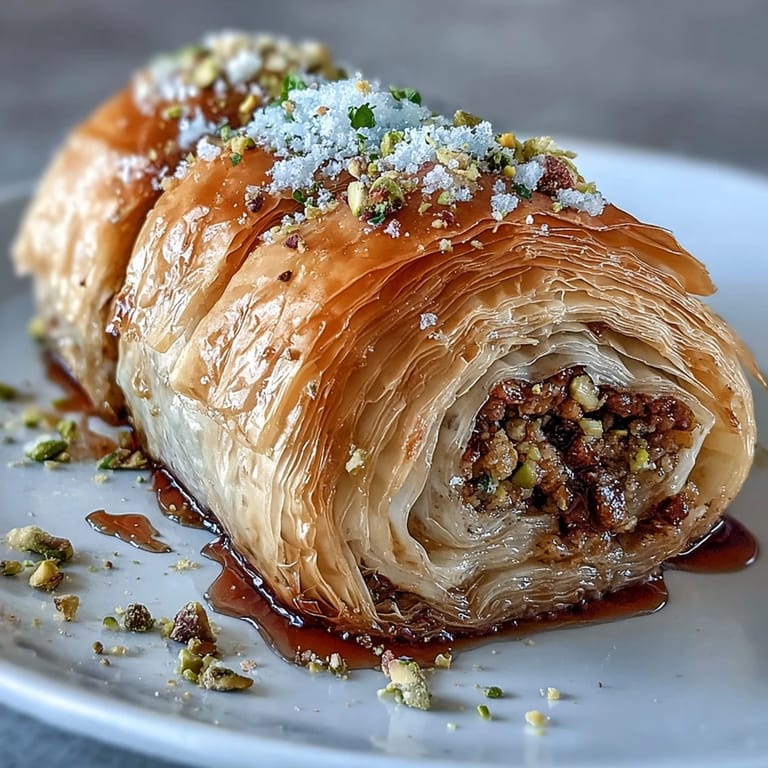 Crispy phyllo dough rolls filled with aromatic crushed pistachios and soaked in sweet citrus-scented syrup, perfect for festive dessert spreads.  