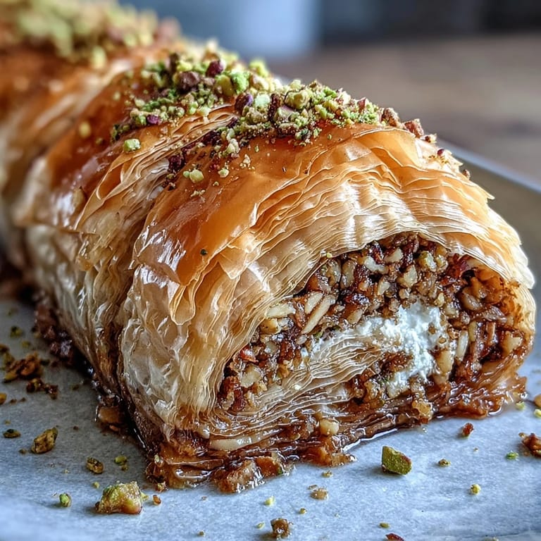 Delightful Middle Eastern pistachio baklava rolls, golden and flaky, topped with syrup and chopped nuts for a luxurious sweet treat.