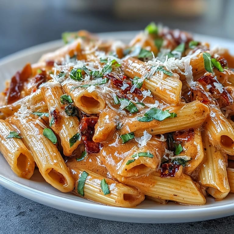 Luscious blush pasta featuring a rich tomato-cream sauce, parmesan, and a hint of garlic, perfect for a satisfying vegetarian dinner.