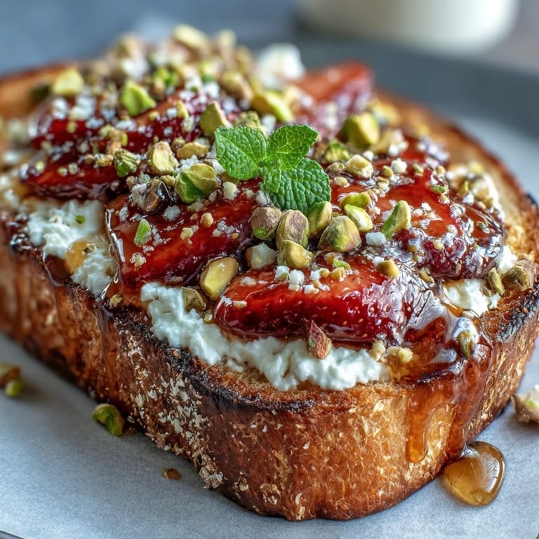Beautifully plated strawberry honey ricotta toast drizzled with honey and sprinkled with pistachios.