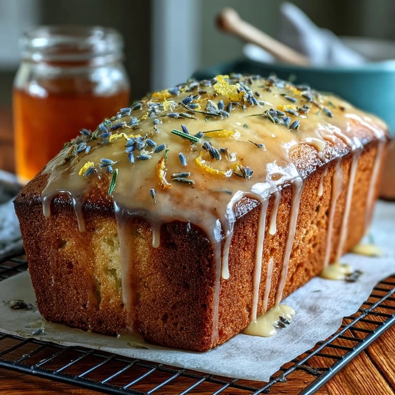 Fragrant loaf cake, zesty lemon, floral lavender, and sweet honey glaze.