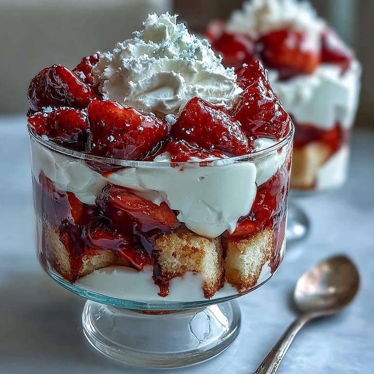 A vibrant trifle showcasing tender cake cubes, juicy macerated strawberries, and billowy whipped cream in a clear serving dish.