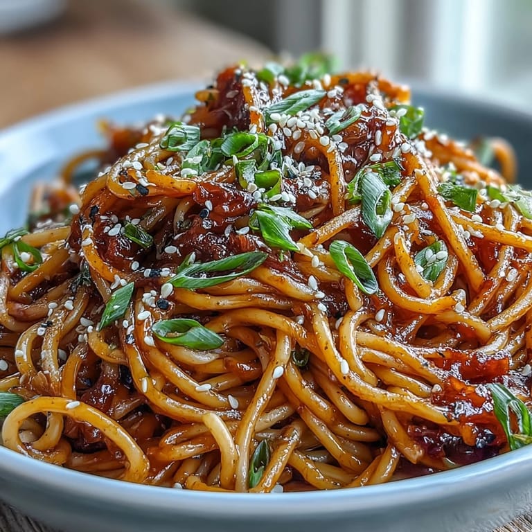 Rich gochujang butter pasta glistening with umami sauce, garnished with vibrant green onions and freshly cracked black pepper.