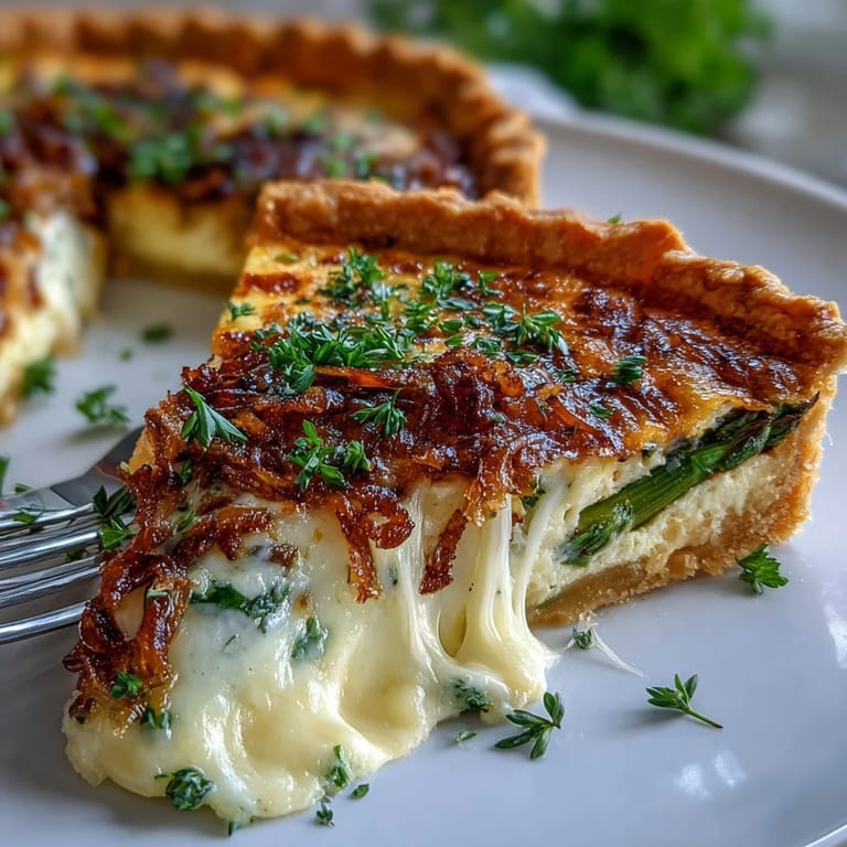 Elegant vegetarian quiche filled with tender asparagus, creamy Gruyère, and sweet shallots in a buttery crust.