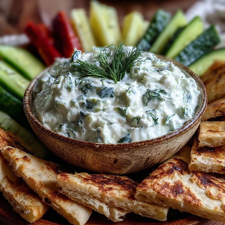 Vivid Skyr Tzatziki Dip nestled with chopped dill and grated cucumber.