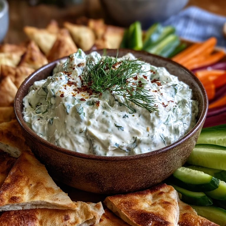 Refreshing Skyr Tzatziki Dip, a cool, herby spread ready to serve.