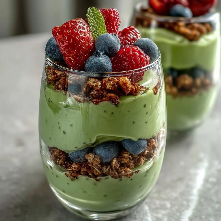 A visually appealing Fiber-Rich Avocado Chia Pudding Parfait topped with crunchy granola.
