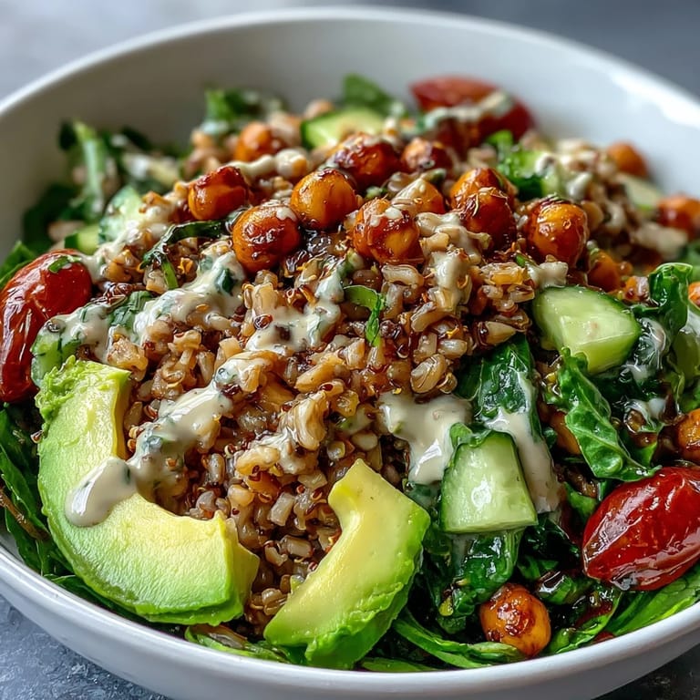 Nourishing Ancient Grains Bowl with chickpeas and fresh veggies, a perfect healthy lunch option.