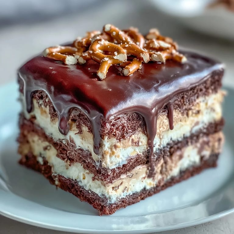 Chocolate Peanut Butter Pretzel Cake, a festive and salty-sweet dessert for family.