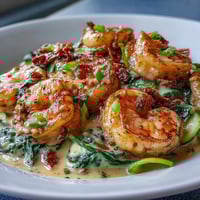 Creamy garlic Tuscan shrimp with zucchini noodles in a rich Parmesan sauce, featuring sun-dried tomatoes and fresh spinach.  