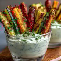 Vibrant veggie cups filled with fresh carrots, celery, and peppers alongside creamy ranch Greek yogurt dip.