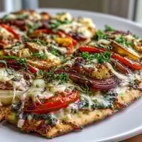 Vibrant St. Patricks Day rainbow veggie flatbread pizza with colorful bell peppers, broccoli, and fresh herbs.
