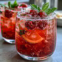 Vibrant Raspberry Lemon Spritz Mocktail with fresh raspberries and zesty lemon slices, served over ice with sparkling water for a refreshing summer drink.