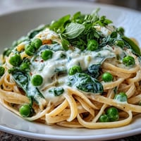 Creamy spring pasta with lemon sauce and peas, garnished with Parmesan and fresh chives, served in a white bowl.  