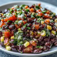Colorful cowboy caviar dip with black beans, corn, and pico de gallo, served with crispy tortilla chips.  