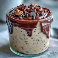 Close-up of Peanut Butter Cup Overnight Oats in a glass jar, featuring creamy oat layers and rich cocoa ganache. Mini chocolate chips and chopped peanuts garnish the top for a delicious breakfast.