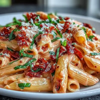 Creamy pink sauce pasta with penne, tomato, and parmesan, garnished with fresh basil for a comforting Italian-American meal.