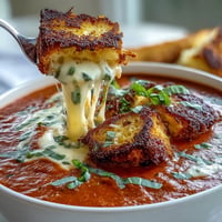 Creamy tomato basil soup topped with crispy grilled cheese croutons for ultimate comfort food bliss.  