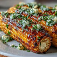 Grilled corn on the cob with four vibrant herbed butter flavors.