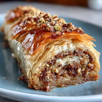 Golden pistachio baklava rolls with crispy phyllo pastry, drizzled in fragrant orange blossom syrup and sprinkled with crushed pistachios.  