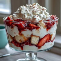 Strawberry Shortcake Trifle with layers of fluffy vanilla cake, fresh strawberries, and whipped cream in a glass bowl.