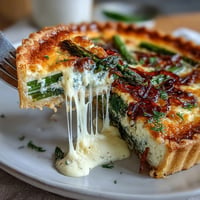 Spring asparagus quiche with caramelized shallots and Gruyère, golden and flaky, ready to slice for brunch.