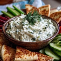 Creamy Skyr Tzatziki Dip with fresh cucumber and dill, perfect for dipping.