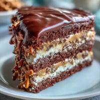 Decadent Father's Day Chocolate Peanut Butter Pretzel Cake, showcasing rich layers.