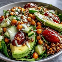 Vibrant Ancient Grains Bowl showcasing farro, quinoa, and chickpeas with fresh, colorful toppings.